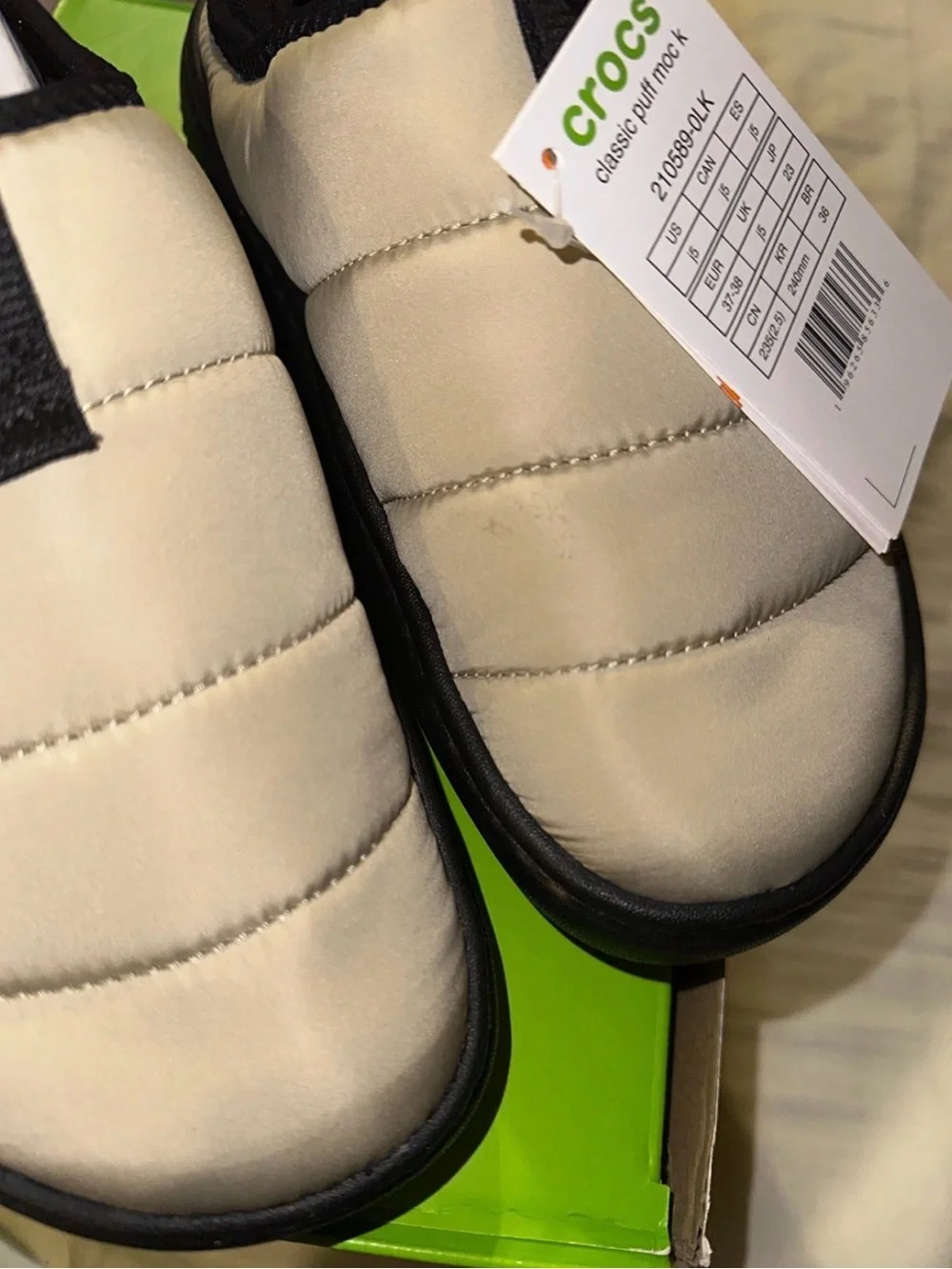 CROCS Kids Classic Puffer Slip-On in Beige and Black